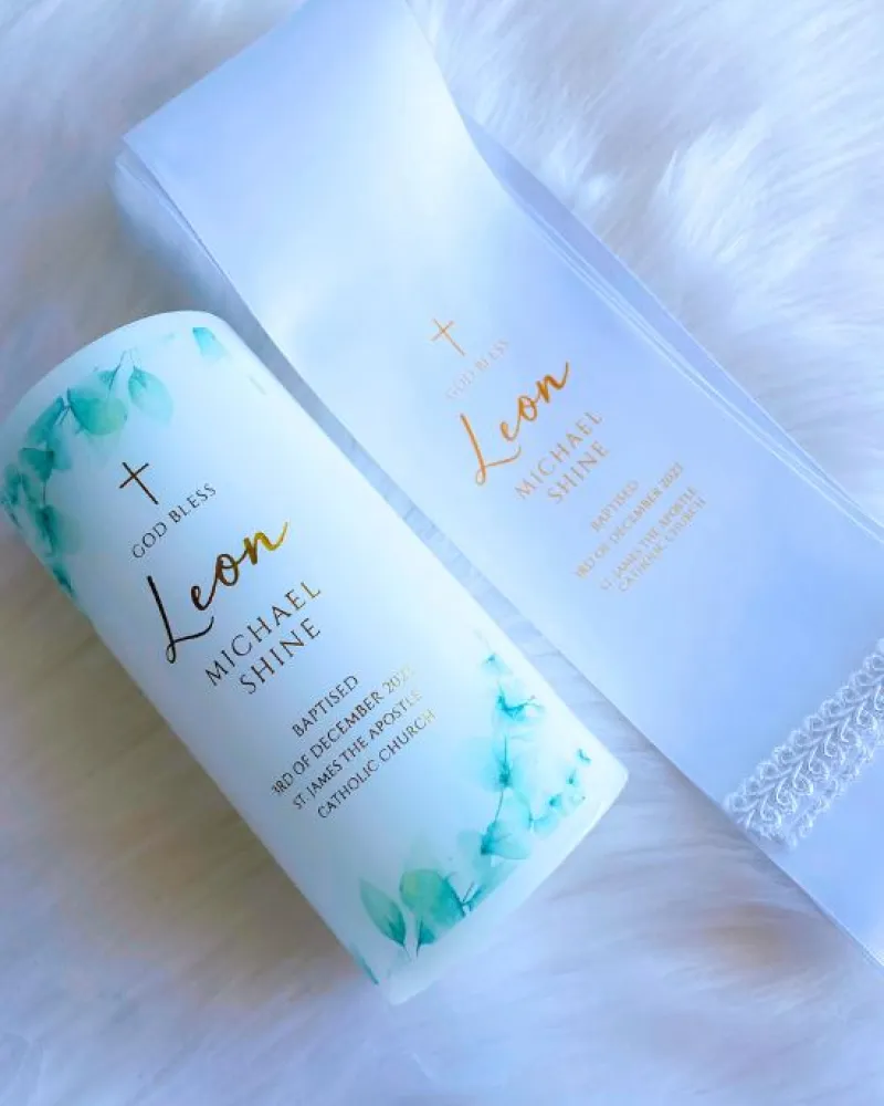 Eucalyptus Baptism Candle with baptism stole